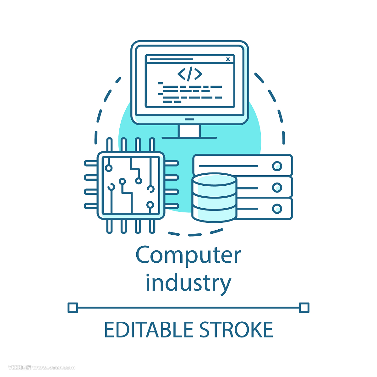 计算机行业概念图标。硬件、软件开发。编程。数据服务器的CPU。信息技术理念的细线说明。矢量孤立轮廓绘制。可编辑的中风